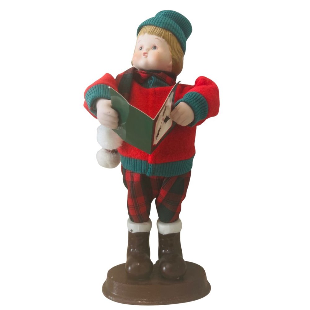 Vintage Boy Christmas Carolers Ceramic Animated Song Wind Up Decoration Figurine